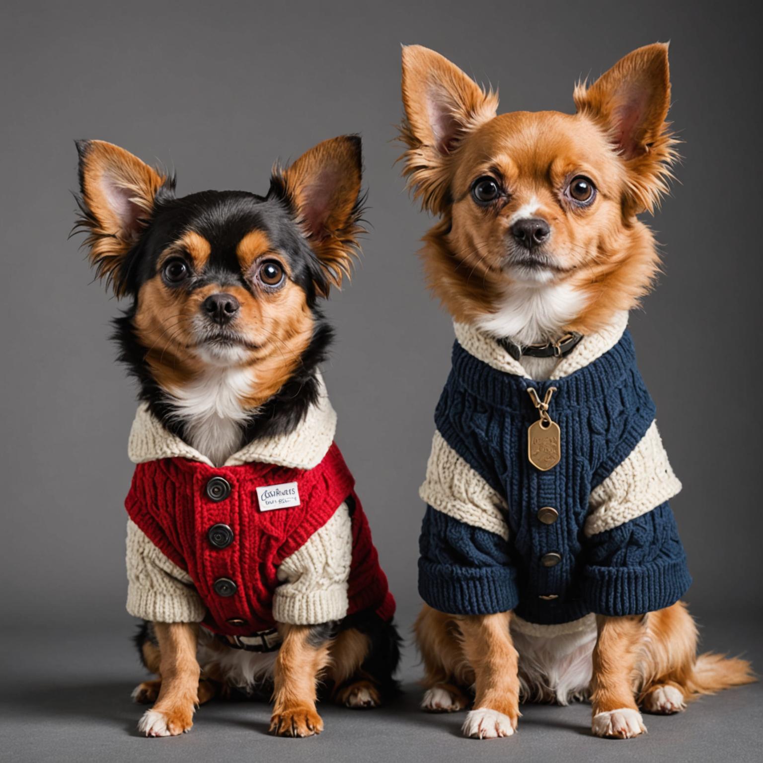 Dog wearing a stylish knitted jumper and matching bandana