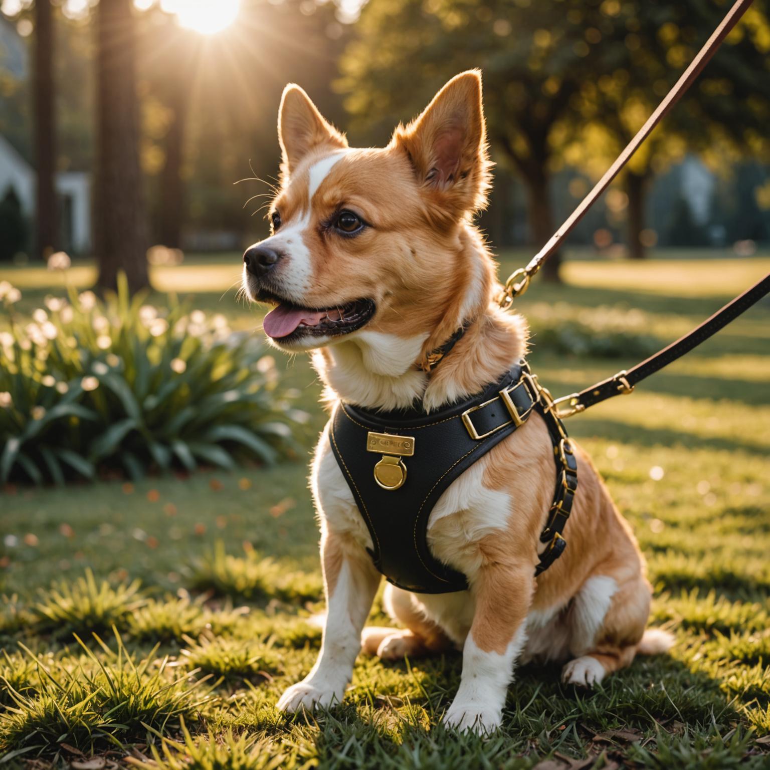 Adjustable no-pull dog harness in tan leather with brushed gold hardware