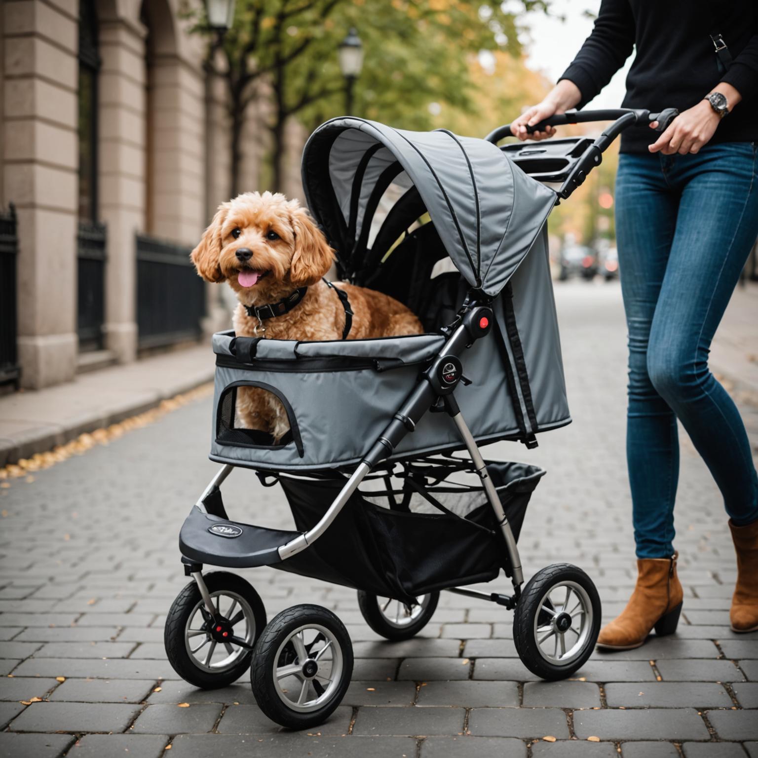 Luxury pet stroller with padded interior and canopy